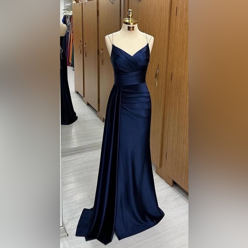 Elegant Navy Satin Evening Dress